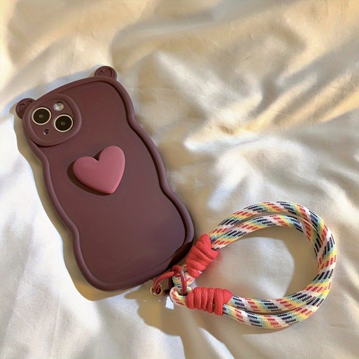 Festive Cat Ear Silicone Phone Case with Heart for iPhone 15 Pro Max, 13\u002F14, 12, 11, XS Max - Includes TPU Material, Shockproof, Anti-Fall, and Detachable Rope Keychain