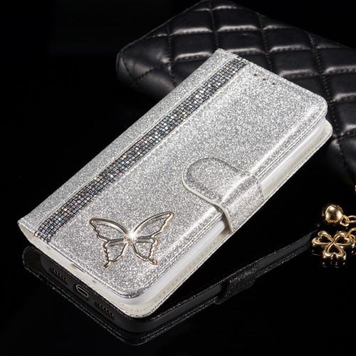 Butterfly Diamond Glitter Phone Case for iPhone 15\u002F14\u002F13\u002F12 Series, Faux Leather Flip Wallet Cover with Card Holder, Compatible with iPhone 15 Pro Max\u002F14 Pro\u002F13\u002F12, Luxury Gift Case for Women - Sparkle Silver