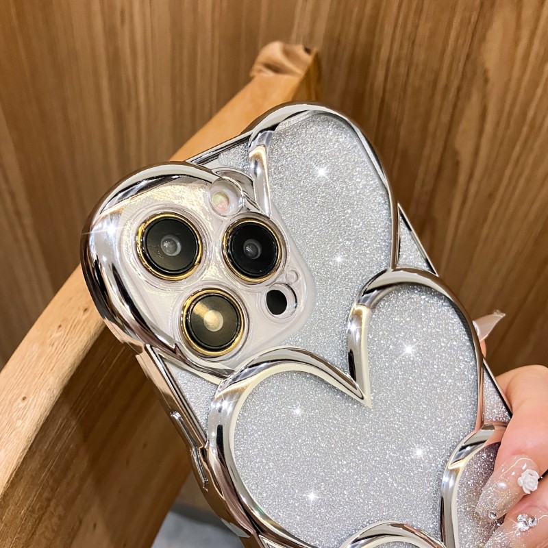 Electroplating Hollow Heart + Glitter Cardboard For IPhone 14 Pro Max Silve