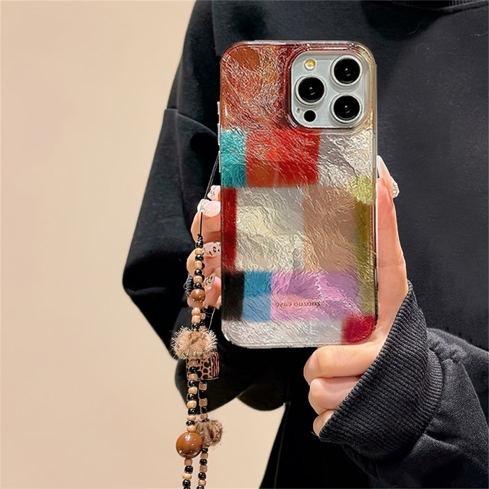 Cute Candy Colorful Splicing Lattice Laser Phone Case for iPhone 16 15 14 13 12 Pro Max 11 Lovely Leopard Print Bracelet Chain Protective Back Cover