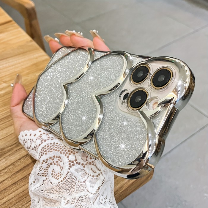 Electroplating Hollow Heart + Glitter Cardboard For IPhone 14 Pro Max Silve