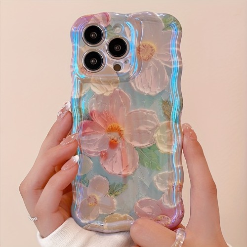 Wave Edge Blue Light Flower Art Oil Painting Mobile Phone Case TPU Full Cover Mobile Phone Case Anti-fall Mobile Phone Protection Case Non-3D Touch Suitable for iPhone