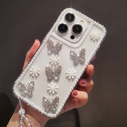 Pearl Snowflake Butterfly Mobile Phone Case with Crystal Bracelet Suitable for iPhone14 Mobile Phone Case iPhone13ProMax New iPhone15pro Anti-fall iPhone12 Women's Niche iPhone11 Luxury Fashion Mobile Phone Case
