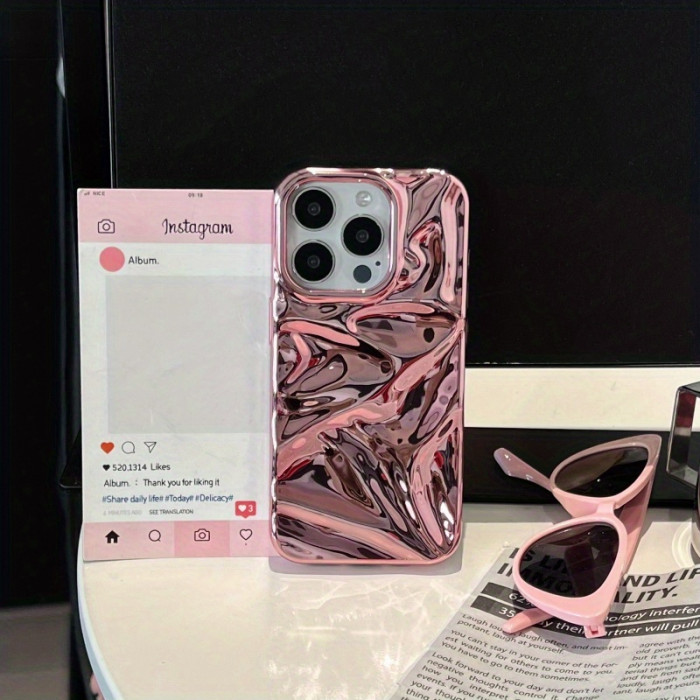 3D Water Ripple Electroplating Rose Gold Plated High-end Texture Fashion Street Popular Suitable for Apple Protective Case Creative for IPhone16 15 14 13 12 11 plus Pro Max Mobile Phone Case Set