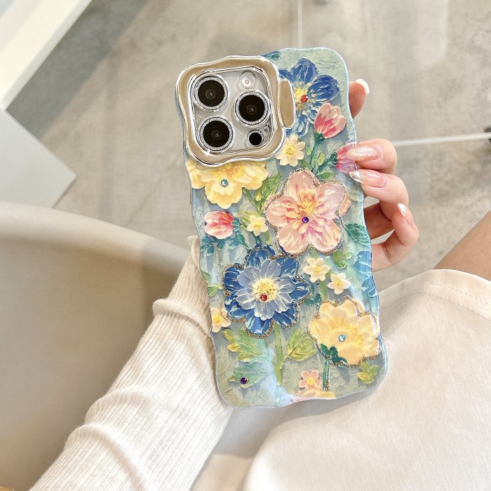 Lens Holder Blue Background with Blue, Pink And Yellow Flowers + Light Green Background with Multiple Bunches of Sunflowers Phone Case Suitable for Apple Phone 16 15 14 13 12 Pro Promax