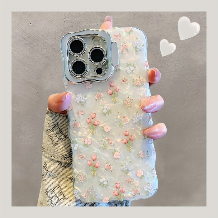 Small Fresh Rose Flower Mobile Phone Case with Lens Film and Lens Holder Suitable for iPhone