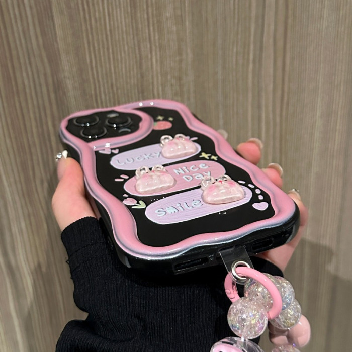3D Rabbit Wavy Edge TPU Phone Case for Iphone 11\u002F12\u002F13\u002F14\u002F15\u002F16 Pro Max, 16\u002F15\u002F14Plus with Lanyard, Anti-Fouling, Good-Looking, Popular
