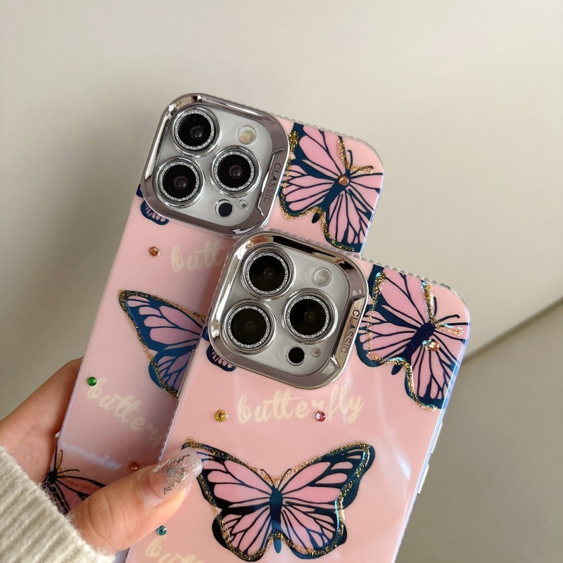TPU Butterfly Phone Case with Diamond Accents and Air Cushion Drop Protection for Apple iPhone 11\u002F12\u002F13\u002F14\u002F15 Series - Soft Protective Cover