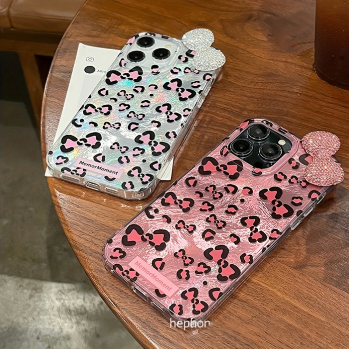 Luxury Rhinestone Bow Leopard Print Pattern Phone Case Compatible with Iphone 16 15 14 13 12 11 Pro Max Cute Bowknot Shockproof Cases Cover