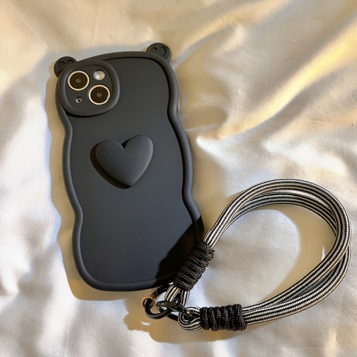 Festive Cat Ear Silicone Phone Case with Heart for iPhone 15 Pro Max, 13\u002F14, 12, 11, XS Max - Includes TPU Material, Shockproof, Anti-Fall, and Detachable Rope Keychain