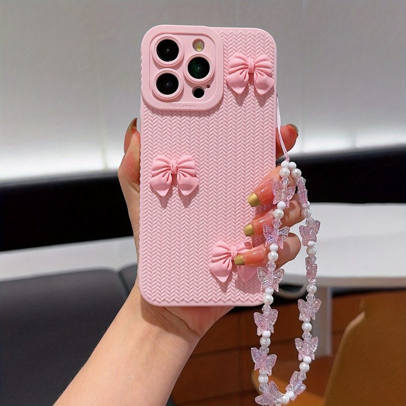 Three-Dimensional Multiple Bowknots with Bracelets Pink Frosted All-Inclusive Anti-Fall Mobile Phone Case Suitable for Apple 16PROMAX\u002F16PLUS\u002F16PRO\u002F16\u002F15PROMAX\u002F15PLUS\u002F15PRO\u002F15\u002F14PROMAX\u002F14PLUS\u002F14PRO\u002F14\u002F13PROMAX\u002F13PRO\u002F13\u002F12PROMAX\u002F12PRO\u002F12 11PROMAX\u002F11PRO\u002F11\u002FXSMAX\u002FXR\u002FXS\u002F7#8PLUS\u002F7#8 Protective Cover Transparent Shock Absorption