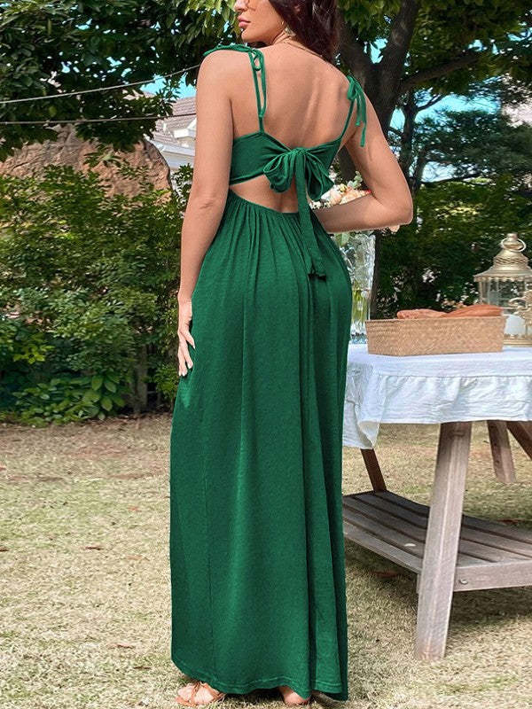 Women's Fashion Dark Green Backless Maxi Dress