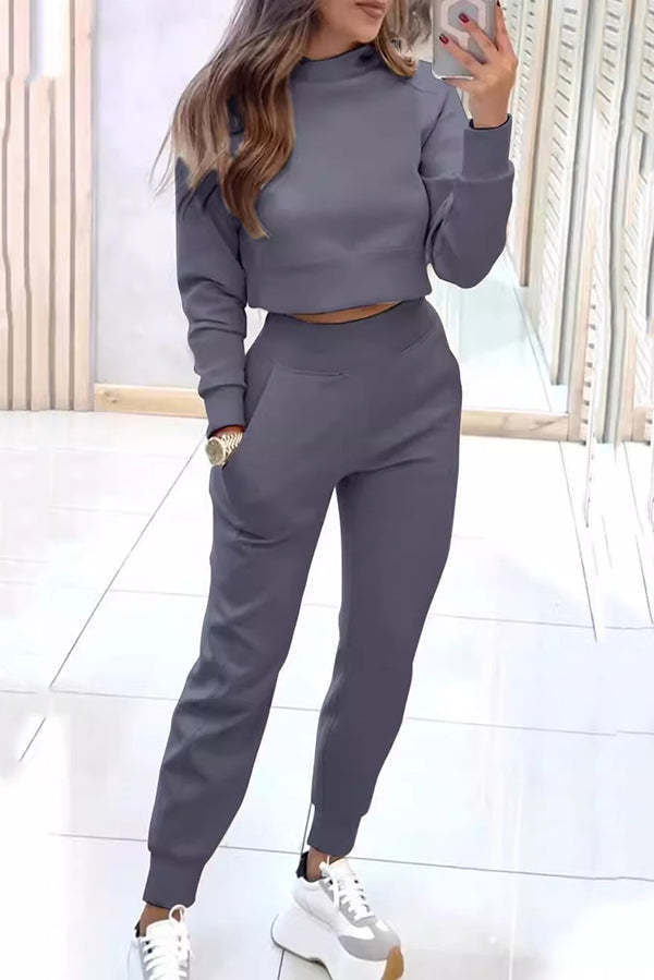 Women's Fashion Solid Color Long Sleeve Top + Casual Pants Two-piece Set