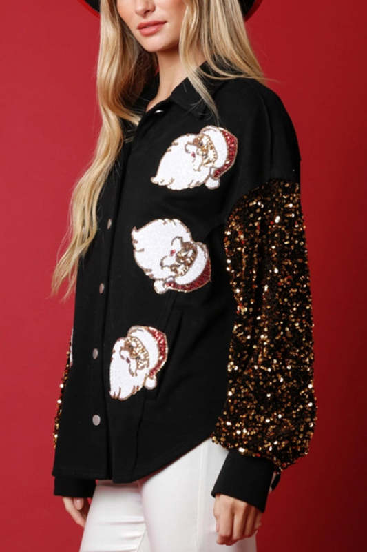 Santa Sequin Long Sleeve Button-Down Jacket
