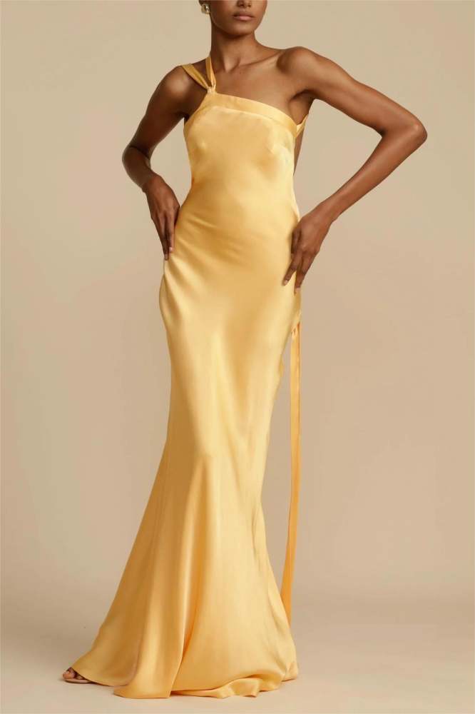 Moonlit Soiree Satin Asymmetrical One Trendy Shouder Backless Strap Maxi Dress