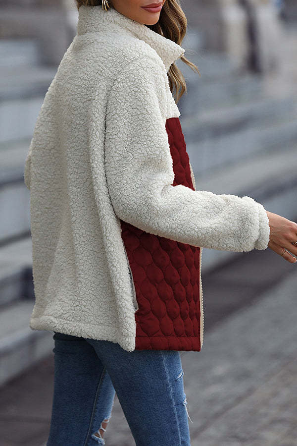 Casual Patchwork Plush Long Sleeve Leopard Print Pocket Loose Zipper Jacket