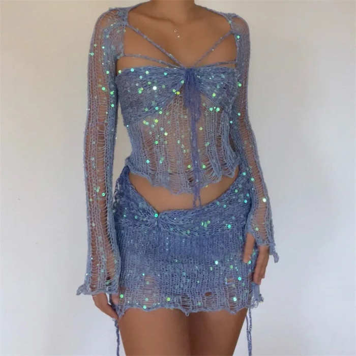 Women's Fashion Casual Sequined Knitted Hollow Suit