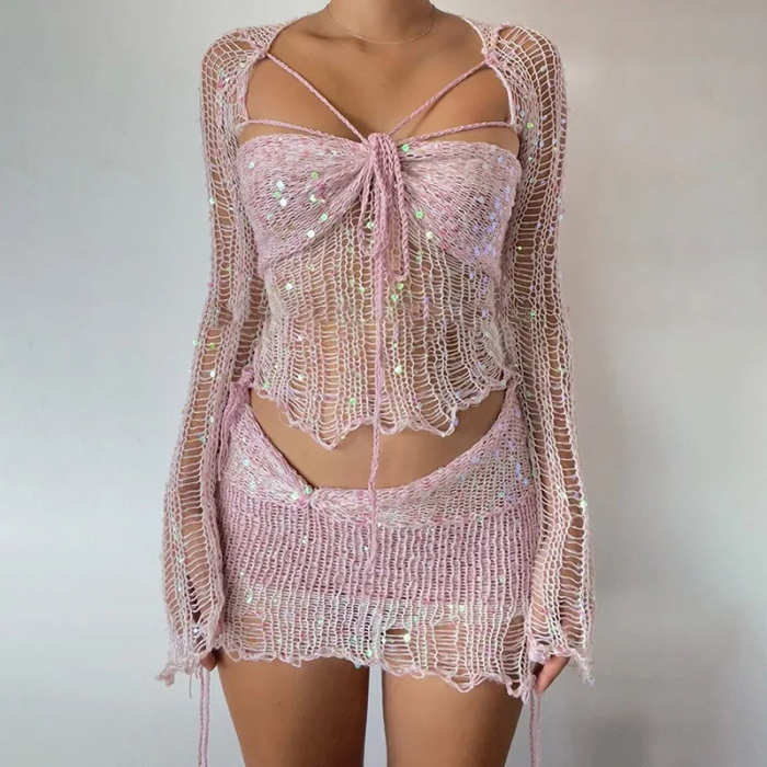 Women's Fashion Casual Sequined Knitted Hollow Suit