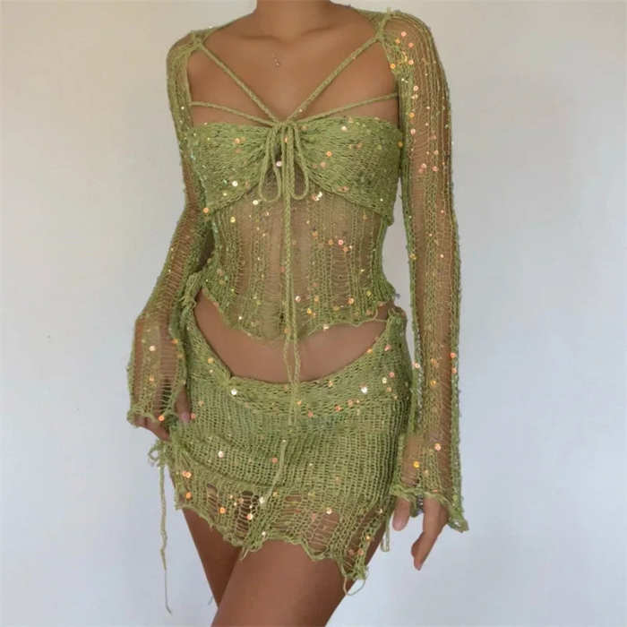 Women's Fashion Casual Sequined Knitted Hollow Suit