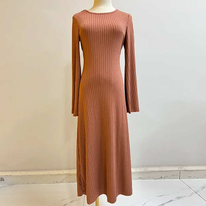 Patchwork Bandaged Round-necked Slim-fitted Long-sleeved Street-ready Ankle-length Maxi Dress