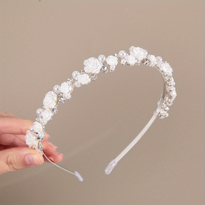 Elegant Bling Bling Rhinestone Faux Pearl Flower Decorative Head Band Vintage Non Slip Hair Hoop For Women And Daily Use Wedding Banquet Wear