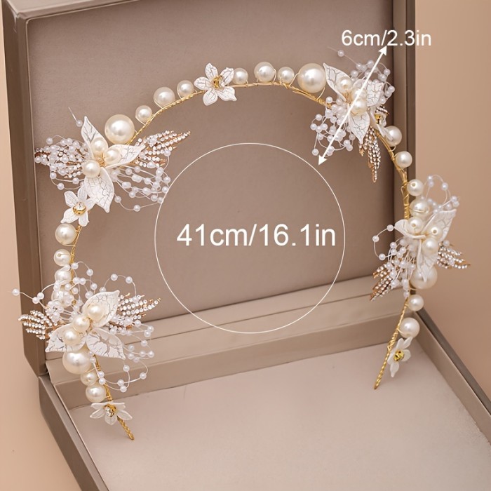 1pc Elegant Bridal Hair Accessory, Faux Pearl Headband With Rhinestone Leaves, Wedding Dress Accessory