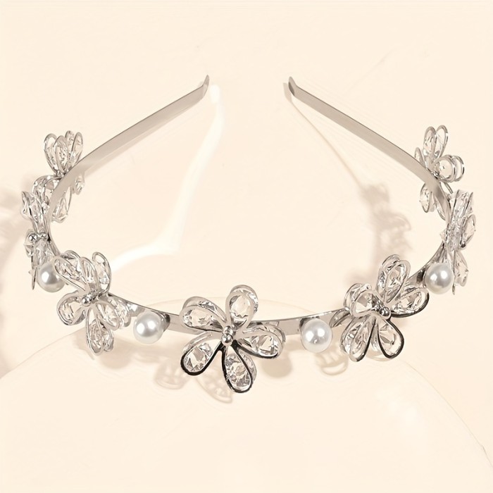 Elegant Floral Headband with Imitation Pearls and Crystal Accents - Aluminum Alloy Hairband for Dress Up, Single Pack, Solid Color Aluminum Elegant Headband with Flower and Imitation Pearl Design for Special Occasions