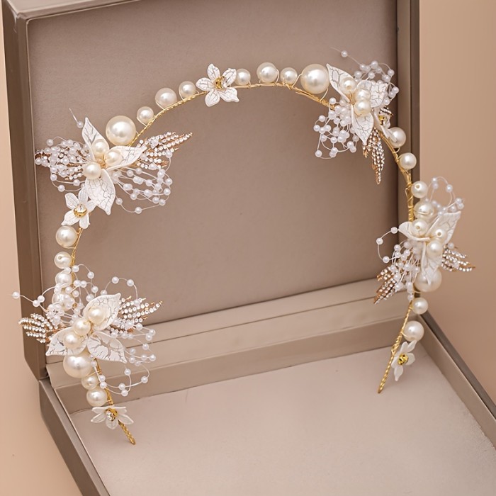 1pc Elegant Bridal Hair Accessory, Faux Pearl Headband With Rhinestone Leaves, Wedding Dress Accessory