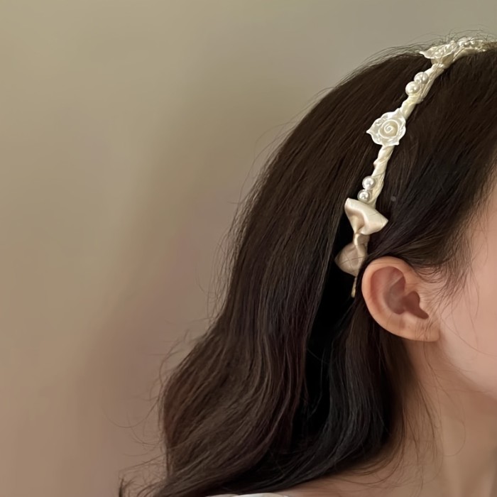 Valentine's Day Iron Alloy Headband - Cute Minimalist Style with Rose & Camellia Flowers, Imitation Pearl Accents, Bow Detail - Single Elegant Hairband for Special Occasions