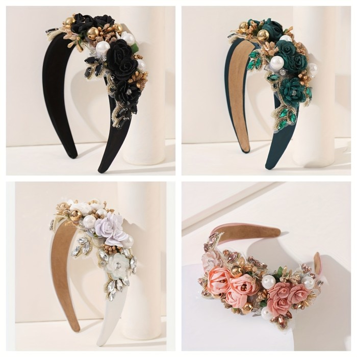 Adult Fabric Flower Stamen Heavy Rhinestone Holiday Headband 1pc