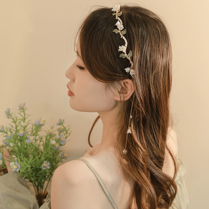 1pcs Imitation Pearl Tassel Headband For Women, Elegant Hair Chain Hair Hoop Fake Earrings, Flower Hair Bands Headpiece Hair Accessories For Wedding Bridal