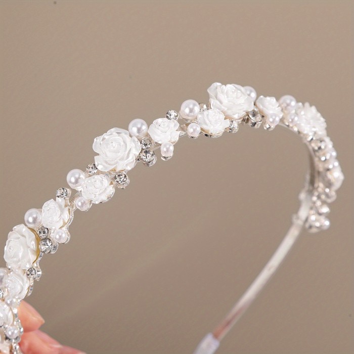 Elegant Bling Bling Rhinestone Faux Pearl Flower Decorative Head Band Vintage Non Slip Hair Hoop For Women And Daily Use Wedding Banquet Wear