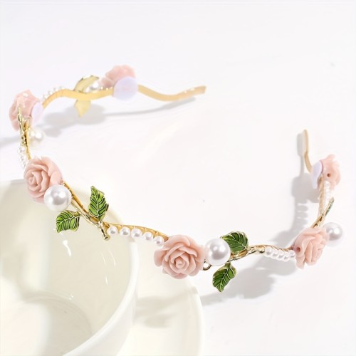Elegant Floral Headband with Imitation Pearls and Green Leaves, Iron Alloy, Sweet Style, Single Piece, Color Matching, Homecoming Festival Accessory, Non-Feather Daily Wear Hairband