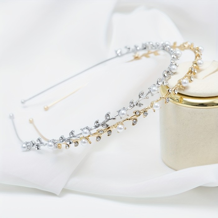 Elegant Sweet Zinc Alloy Hairband with Imitation Pearls and Leaf Design - Single Piece Headband for Dress Up, Solid Color, Non-Feathered Hair Accessory for Daily Wear and Parties