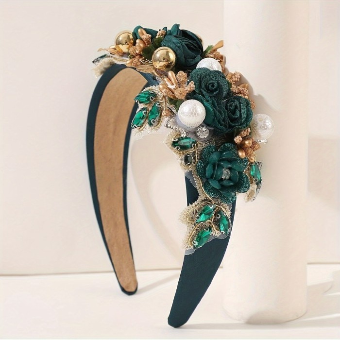 Adult Fabric Flower Stamen Heavy Rhinestone Holiday Headband 1pc