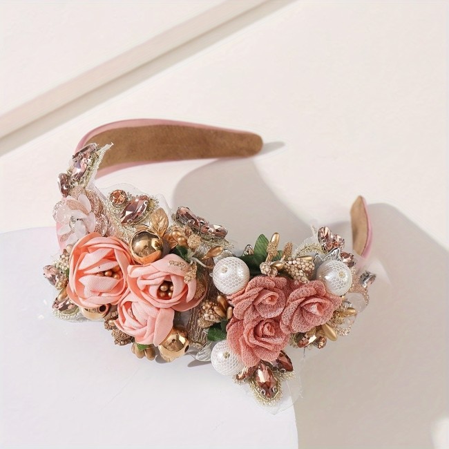 Adult Fabric Flower Stamen Heavy Rhinestone Holiday Headband 1pc