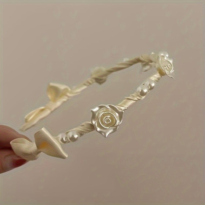 Valentine's Day Iron Alloy Headband - Cute Minimalist Style with Rose & Camellia Flowers, Imitation Pearl Accents, Bow Detail - Single Elegant Hairband for Special Occasions