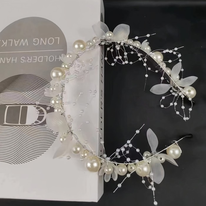 Bridal Faux Pearl And Flower Hairband, 1pc Elegant Alloy Headband, Wedding Headpiece, Floral Garland, Party Accessory