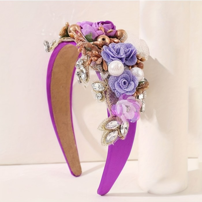 Adult Fabric Flower Stamen Heavy Rhinestone Holiday Headband 1pc