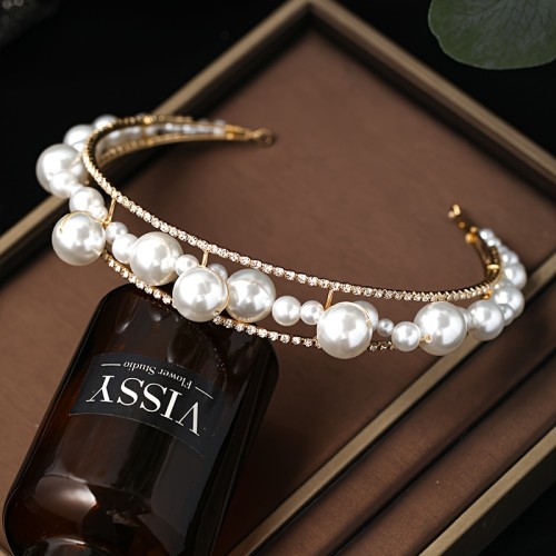 Elegant Handcrafted Faux Pearl And Rhinestone Hairband, 1pc Fashion Hair Accessory, Bridal Headpiece, Luxury Headwear