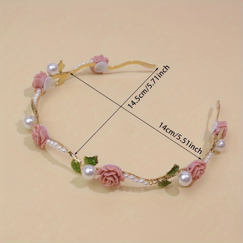 Elegant Floral Headband with Imitation Pearls and Green Leaves, Iron Alloy, Sweet Style, Single Piece, Color Matching, Homecoming Festival Accessory, Non-Feather Daily Wear Hairband