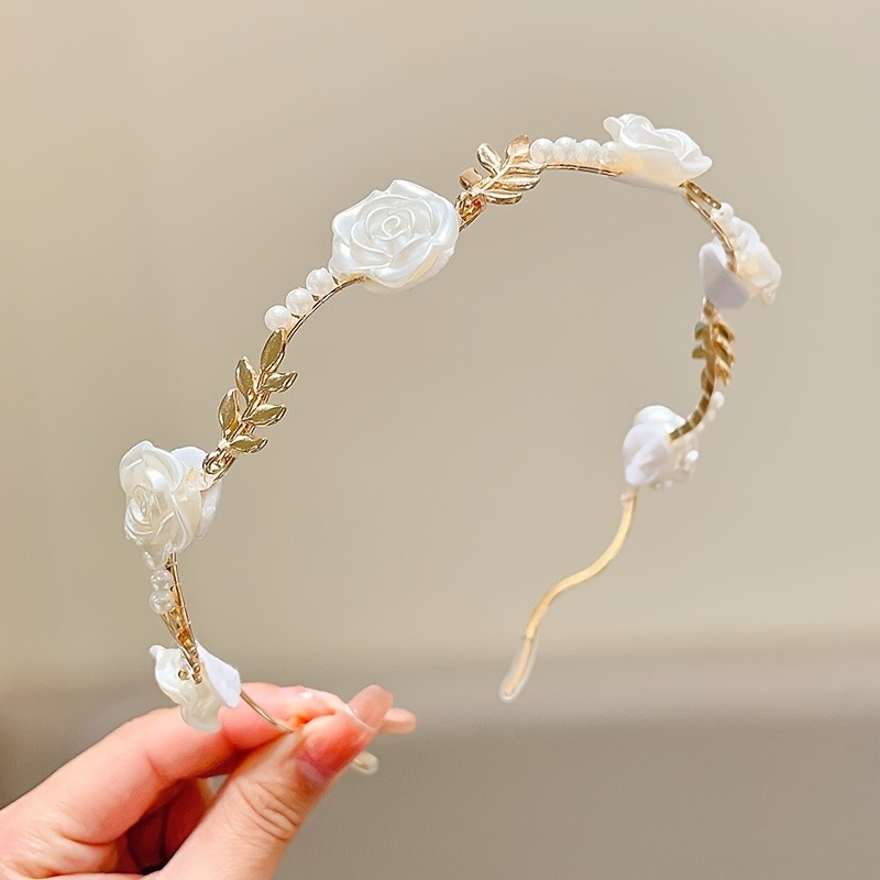 Elegant Vintage French Style Floral Hair Band, Aluminum Alloy with Pearl Accents, Flower Design Single Piece Beauty Headband for Brides and Fashion Accessory - Color Matched