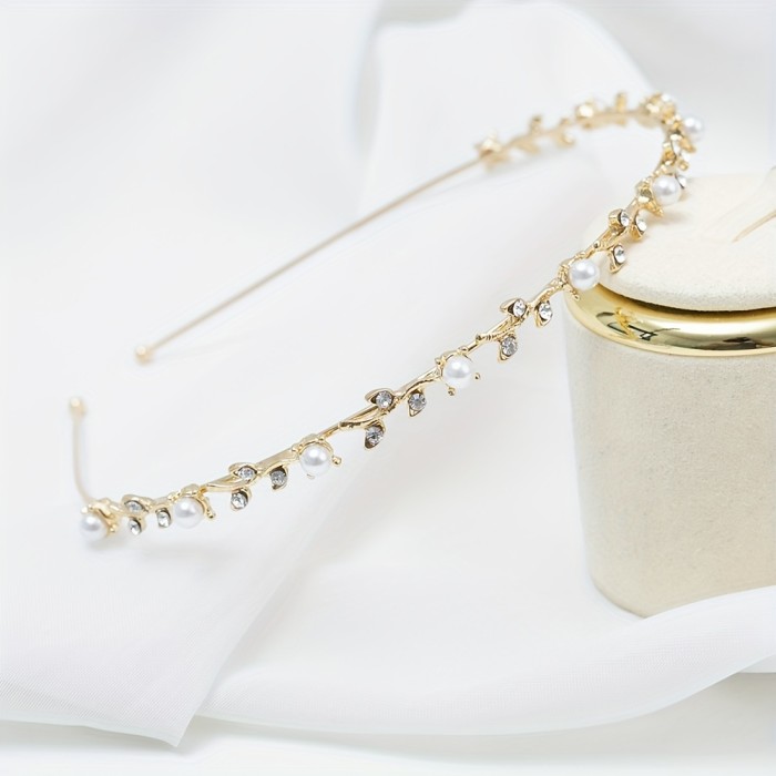 Elegant Sweet Zinc Alloy Hairband with Imitation Pearls and Leaf Design - Single Piece Headband for Dress Up, Solid Color, Non-Feathered Hair Accessory for Daily Wear and Parties