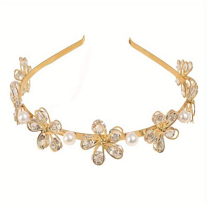Elegant Floral Headband with Imitation Pearls and Crystal Accents - Aluminum Alloy Hairband for Dress Up, Single Pack, Solid Color Aluminum Elegant Headband with Flower and Imitation Pearl Design for Special Occasions