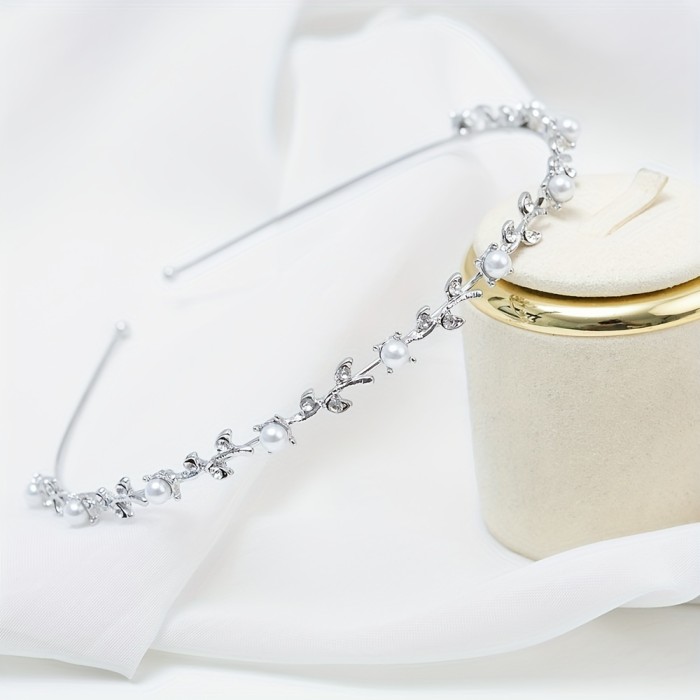 Elegant Sweet Zinc Alloy Hairband with Imitation Pearls and Leaf Design - Single Piece Headband for Dress Up, Solid Color, Non-Feathered Hair Accessory for Daily Wear and Parties