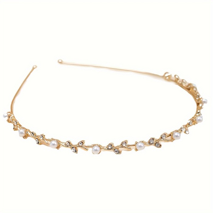 Elegant Sweet Zinc Alloy Hairband with Imitation Pearls and Leaf Design - Single Piece Headband for Dress Up, Solid Color, Non-Feathered Hair Accessory for Daily Wear and Parties