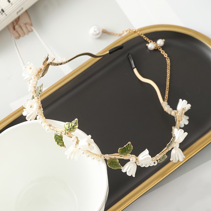 1pcs Imitation Pearl Tassel Headband For Women, Elegant Hair Chain Hair Hoop Fake Earrings, Flower Hair Bands Headpiece Hair Accessories For Wedding Bridal