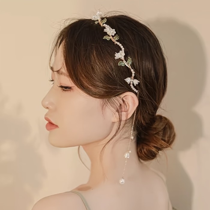 1pcs Imitation Pearl Tassel Headband For Women, Elegant Hair Chain Hair Hoop Fake Earrings, Flower Hair Bands Headpiece Hair Accessories For Wedding Bridal