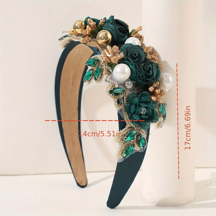 Adult Fabric Flower Stamen Heavy Rhinestone Holiday Headband 1pc