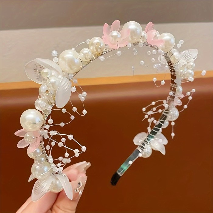 Bridal Faux Pearl And Flower Hairband, 1pc Elegant Alloy Headband, Wedding Headpiece, Floral Garland, Party Accessory